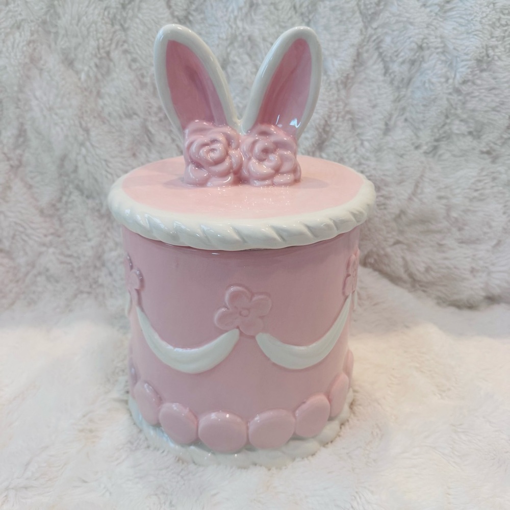 Ceramic Easter Cake Shaped Cookie Jar Canister w Bunny Ears Pink & White NEW 10”